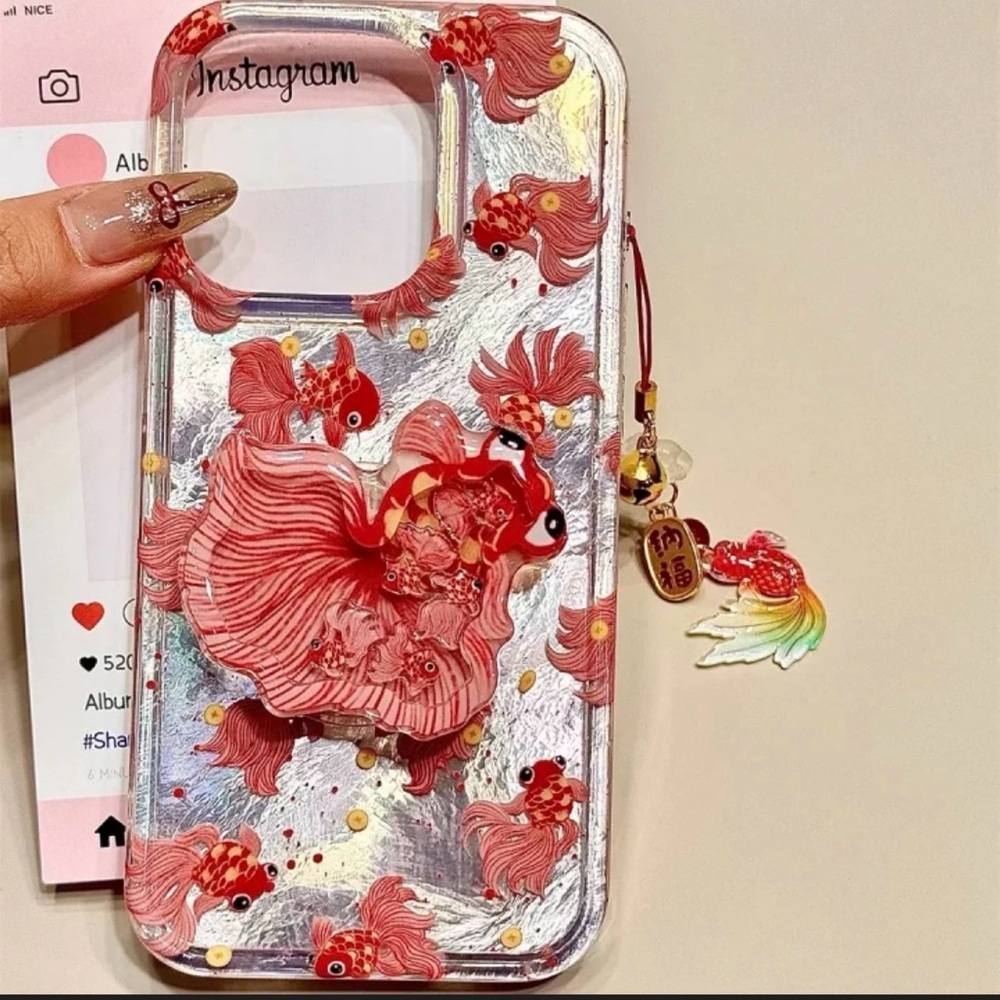 Holographic Goldfish iPhone16 ProMax  Case with Charm Excellent Condition